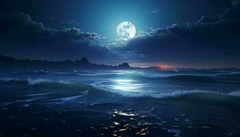 un sereno noche escena con un lleno Luna reflejando en el calma superficie de un cuerpo de agua ai generado foto