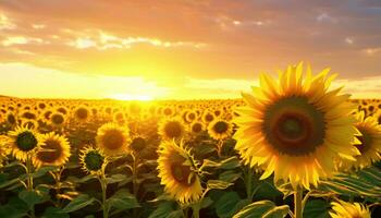A beautiful sunset over a field of vibrant sunflowers AI Generated photo