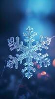 A magnified snowflake with bokeh lights AI Generated photo