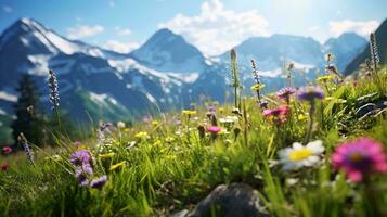 A stunning field of wildflowers with majestic mountains in the background AI Generated photo