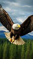 A majestic bald eagle in flight with a scenic backdrop of trees AI Generated photo