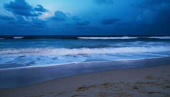 A serene beach at night with crashing waves and a full moon illuminating the scene AI Generated photo