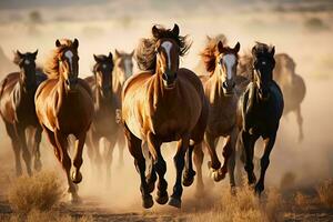 un dinámica manada de caballos Galopando a través de un dorado césped campo ai generado foto