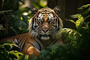 un majestuoso Tigre sentado en el corazón de el selva ai generado foto