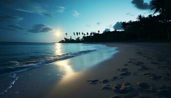 un sereno playa con palma arboles y huellas en el arena ai generado foto