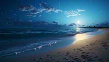 A serene beach illuminated by the full moon at night AI Generated photo