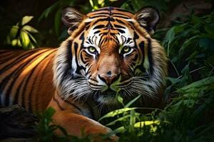 A majestic tiger roaming through a vibrant green forest AI Generated photo