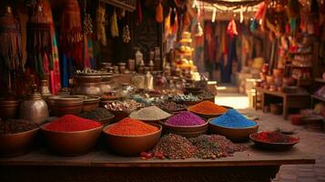 A vibrant display of colorful spices on a table AI Generated photo