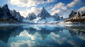 un sereno montaña reflexión en un calma lago ai generado foto