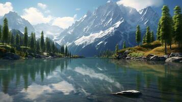 un sereno montaña lago anidado entre imponente arboles ai generado foto