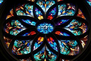 un vibrante manchado vaso ventana en un majestuoso Iglesia ai generado foto