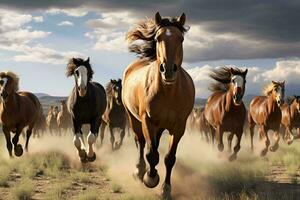 un dinámica manada de caballos corriendo a través de un dorado seco césped campo ai generado foto
