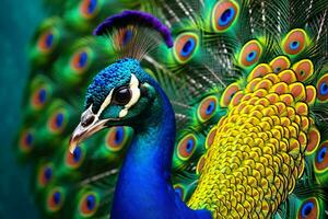 A vibrant peacock displaying its beautiful feathers in full bloom AI Generated photo