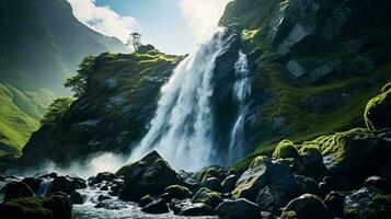 A picturesque waterfall amidst lush green mountains AI Generated photo