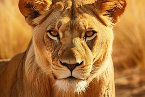 A majestic lion making eye contact with the viewer AI Generated photo