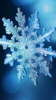 A detailed snowflake on a vibrant blue backdrop AI Generated photo