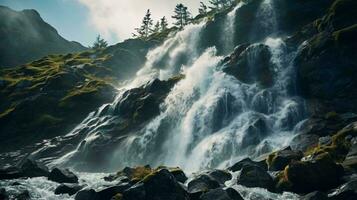 A majestic waterfall cascading with an abundance of water AI Generated photo