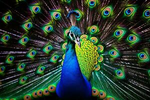 A vibrant peacock displaying its magnificent open feathers AI Generated photo