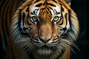 A majestic tiger's face in striking close-up against a dramatic black background AI Generated photo