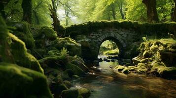 un pintoresco Roca puente abarcando un tranquilo bosque corriente ai generado foto