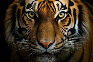 A majestic tiger's face in striking close-up against a dramatic black background AI Generated photo