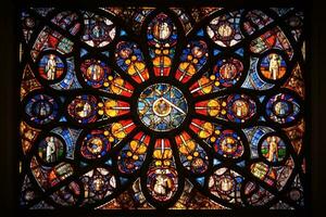 A vibrant and colorful stained glass window in a magnificent building AI Generated photo