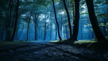 un pacífico bosque camino iluminado por luz de la luna ai generado foto