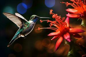 A hummingbird in flight over a vibrant red flower AI Generated photo