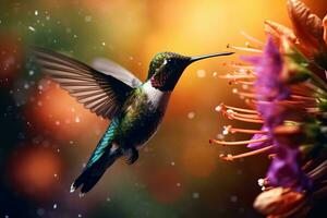 un colibrí en vuelo cerca un vibrante flor ai generado foto