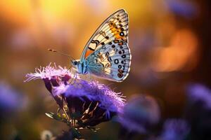 un mariposa encaramado en un vibrante púrpura flor ai generado foto