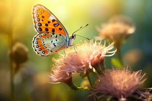 A vibrant butterfly perched delicately on a colorful flower AI Generated photo