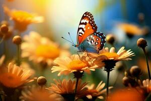 A butterfly perched delicately on a vibrant flower petal AI Generated photo