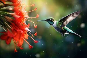 A hummingbird in flight near a vibrant red flower AI Generated photo
