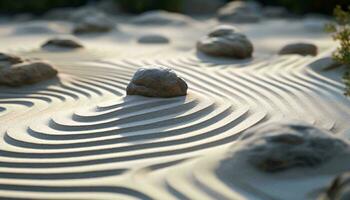 un sereno arena jardín con un sorprendentes rock habitación central ai generado foto