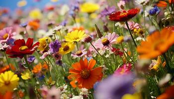 A vibrant field of flowers under a clear blue sky AI Generated photo