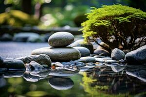 A serene rock garden with a majestic tree in the background AI Generated photo
