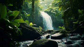 A serene and lush jungle waterfall surrounded by vibrant greenery AI Generated photo