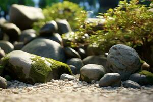 A vibrant garden filled with rocks and lush vegetation AI Generated photo