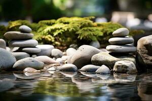 A stack of rocks balancing on water surface AI Generated photo