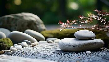 A serene rock garden with carefully arranged rocks and a vibrant plant AI Generated photo