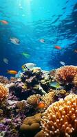 A vibrant coral reef teeming with colorful fish underwater AI Generated photo