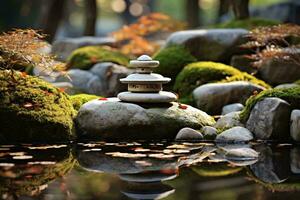 A serene rock garden with moss-covered rocks and a tranquil water feature AI Generated photo