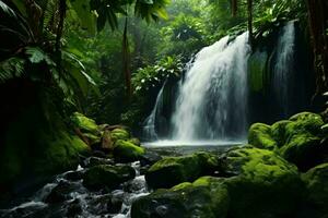 A majestic waterfall surrounded by lush greenery in a serene forest setting AI Generated photo