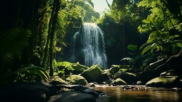 A serene jungle waterfall surrounded by lush greenery AI Generated photo