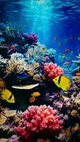 A vibrant coral reef teeming with tropical fish underwater AI Generated photo