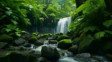 A serene forest with a crystal-clear stream flowing through it AI Generated photo