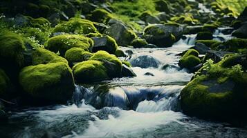 un sereno corriente fluido mediante un vibrante verde bosque ai generado foto