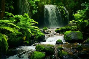 A serene waterfall nestled within a vibrant green landscape AI Generated photo