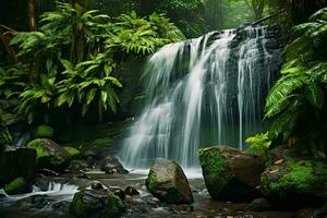 A stunning waterfall cascading through a vibrant green forest AI Generated photo