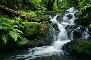 A serene waterfall nestled in a vibrant green forest AI Generated photo